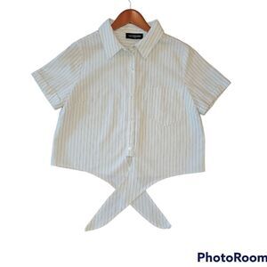NWOT KITTENISH Short Sleeve Striped Cotton Hemp Tie Front Button Down Up Top L
